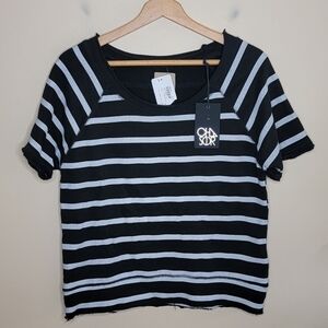NWT Evereve Chaser | Linen French Terry Sweatshirt in Black Gray Stripe Small